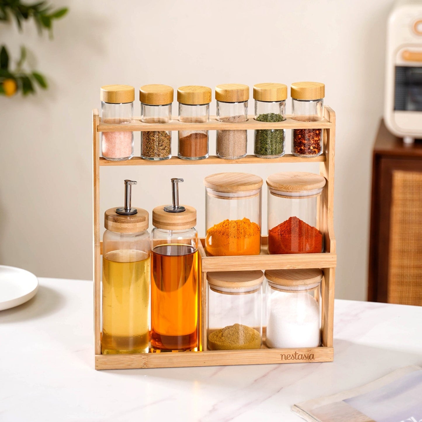 Spice Jars And Oil Bottles Set Of 12 With Wooden Stand
