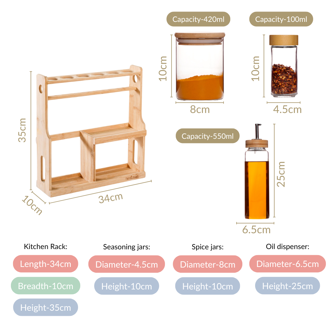 Spice Jars And Oil Bottles Set Of 12 With Wooden Stand