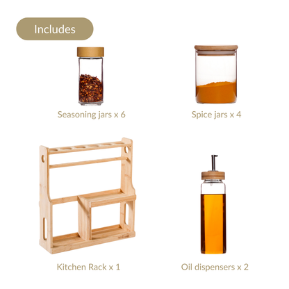 Spice Jars And Oil Bottles Set Of 12 With Wooden Stand